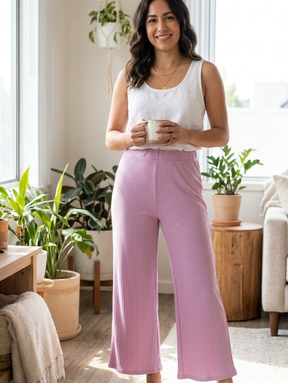 Ribbed Wide-Leg Lounge Pants in Dusty Pink • Size S